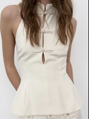 Zara Cream One-Shoulder Halter Peplum Top with Keyhole Buttons